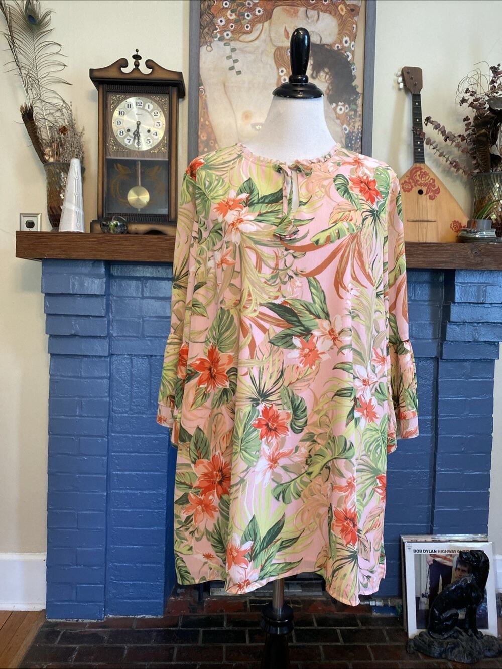 J Jill XL Pink Floral Palm Tropical Shirt Blouse Top Ruffle Bell Sleeve Tunic